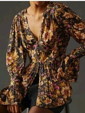 Anthropologie Deep-V Floral Tunic Blouse Boho Corset Babydoll Button Up Large